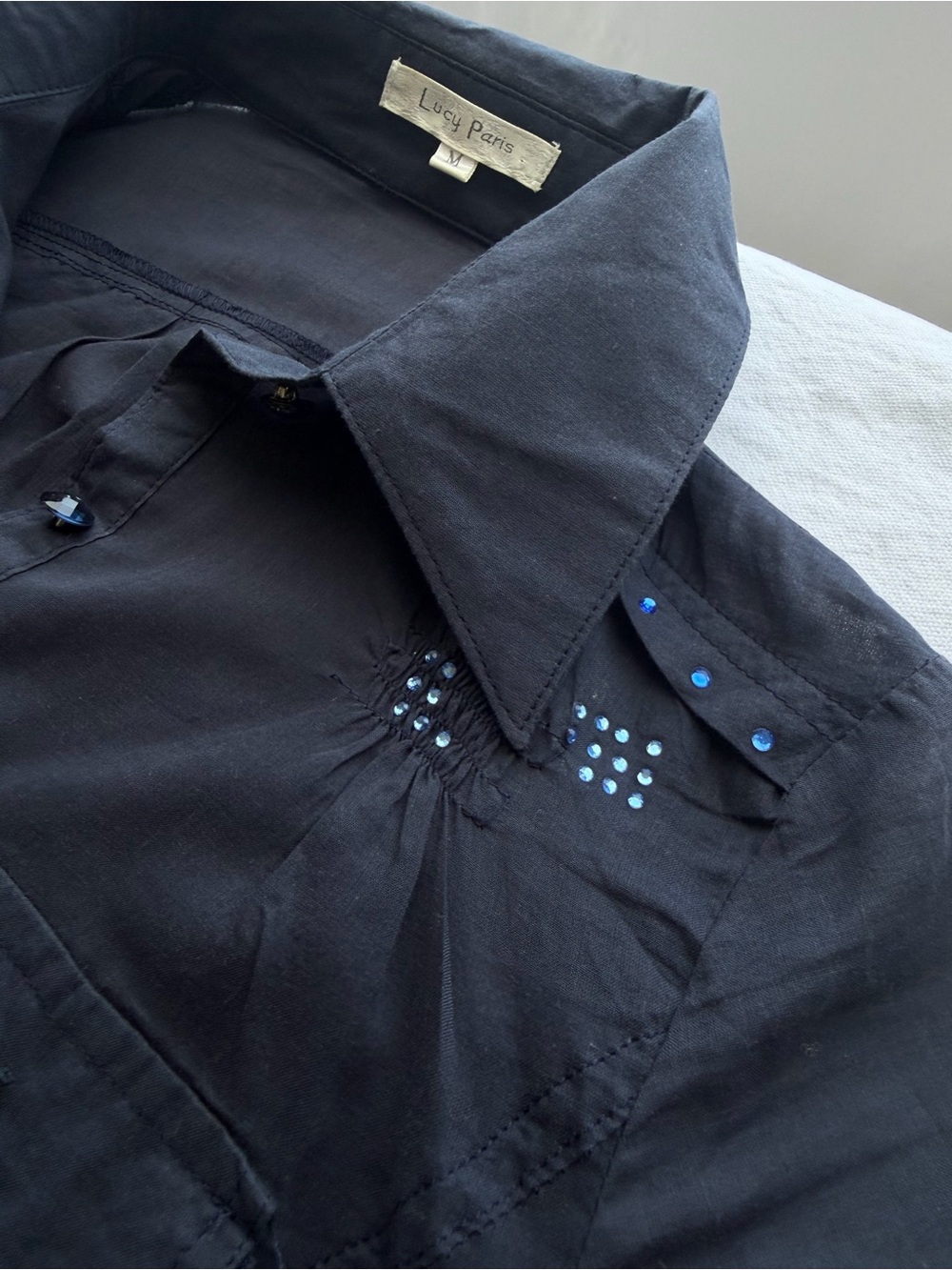 Lucy Paris Navy Rhinestone Ruched Button Up Shirt M Y2K - Picture 11 of 16